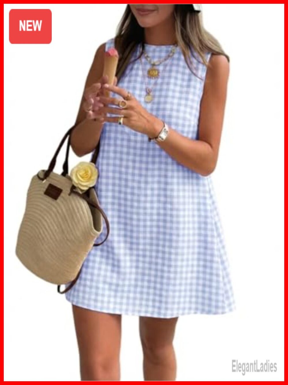 Cotton Gingham Mini Sundress Sleeveless High Neck Side Pockets Spring Summer